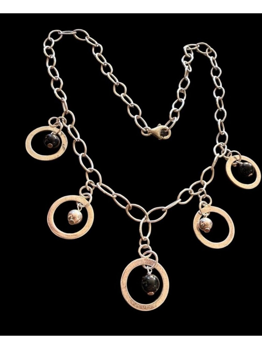 Vintage Sterling Silver Black Onyx Open Circle Charm Statement Necklace